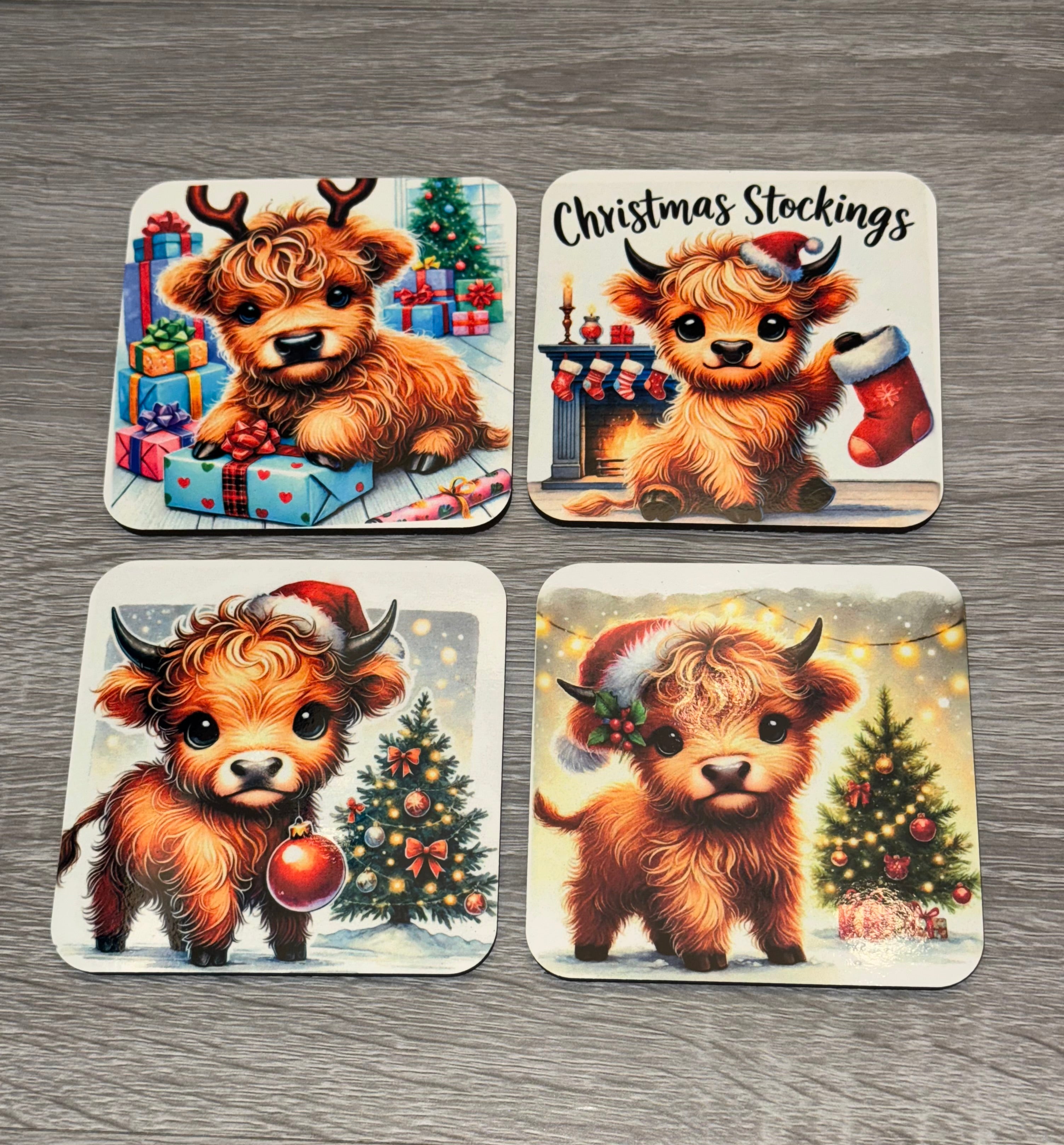 Highland cow Christmas coasters. Set of 4